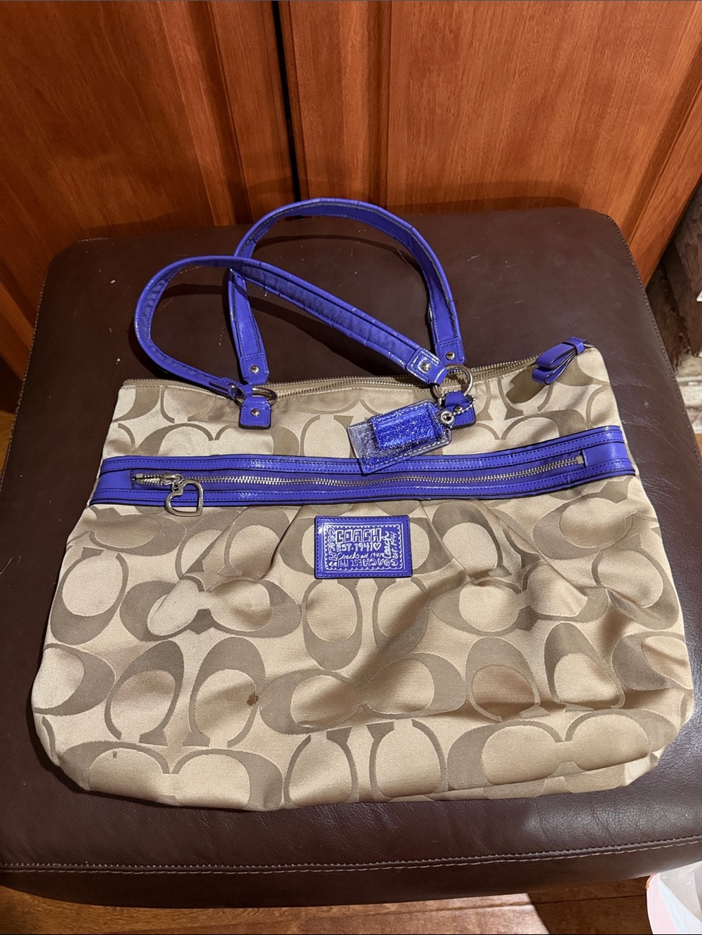 Coach Beige Signature Tote with Purple Trim